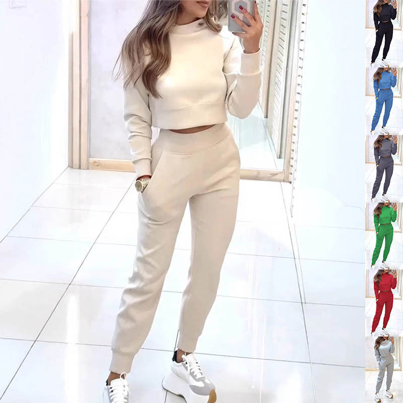 Stand Collar Sports Suit Fashion Pullover Long-sleeves Short Top And Slim Trousers With Pockets Solid Outfits Women's Clothing - Glamour Gale sports suit