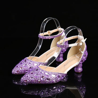 Low-top Summer New Blue Color Pointed Gourd Heel Rhinestone Multi-color Fashion Wedding Banquet Women's Shoes