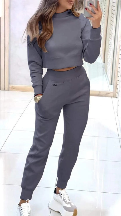 Stand Collar Sports Suit Fashion Pullover Long-sleeves Short Top And Slim Trousers With Pockets Solid Outfits Women's Clothing - Glamour Gale sports suit