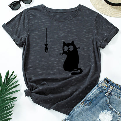 Women's Cute Cat Loose Round Neck Cotton Short Sleeve