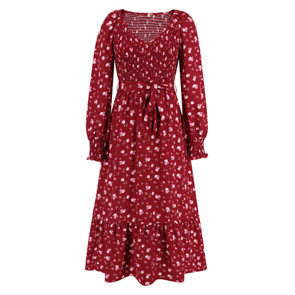 Women's All-matching Slim Fit Slimming Bubble Long Sleeve V-neck Floral Long Dress