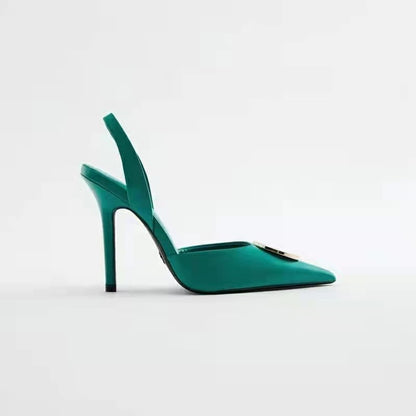 Stiletto Pointed Toe Back Strap Green Buckle High Heel Sandals Women