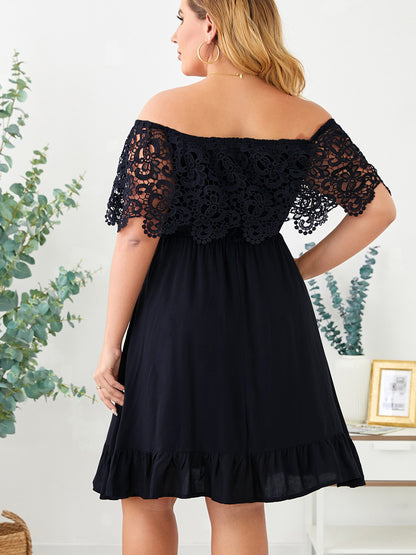 Black Lace Sleeve Stitching Dress Off-shoulder Ruffled Skirt