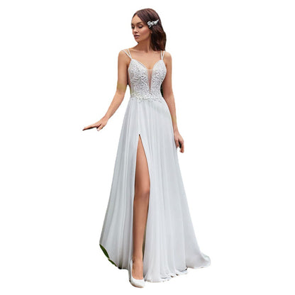 Sexy Side Slit A-Line Wedding Dresses Boho Beading Spaghetti Straps Sleeveless Lace Appliques Backless Chiffon Bridal Dresses