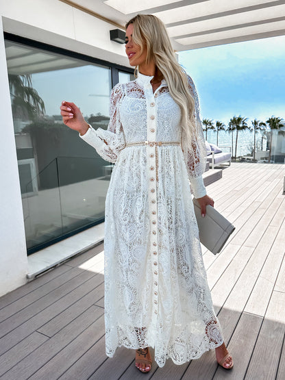 Lace Hollow All-matching Casual Lace Up Commuter Ins Style Long Shirt Dress