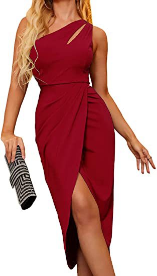 One Shoulder Hollowed Out Pleats Tight Sleeveless Slit Party Dress Skirt Women - Glamour Gale