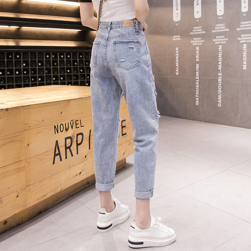 Ladies New Straight High Waist Loose Ripped Jeans