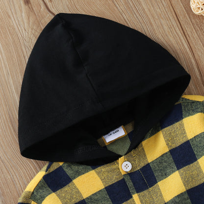 Hooded Plaid Sleeves Single Breasted Top Boys Middle Child Shirt Jacket