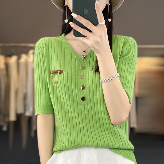 Women's Fashionable V-neck Solid Color Single-breasted Sweater Top