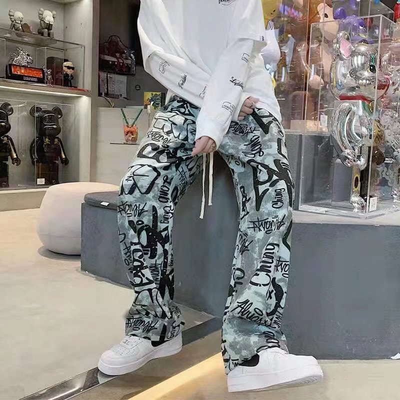 Graffiti Straight Leg Sweatpants Men's Trendy Brand High Street Loose