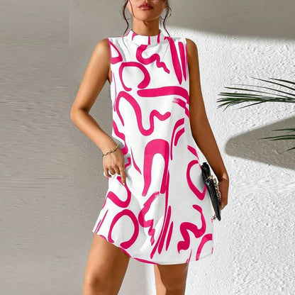 European And American Printed Stand Collar Dress