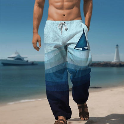 Men's Drawstring Mid-waist Plaid 3D Printing Straight-leg Trousers