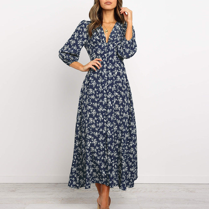 Printed V-neck long sleeve chiffon dress