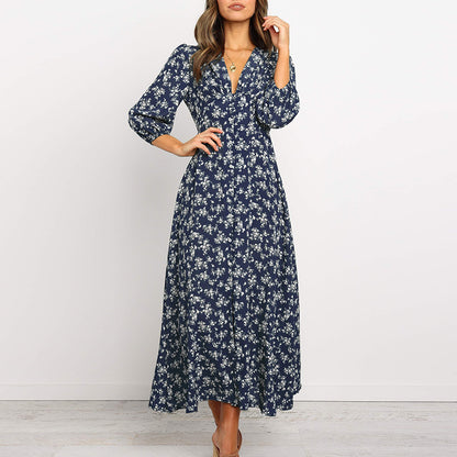 Printed V-neck long sleeve chiffon dress