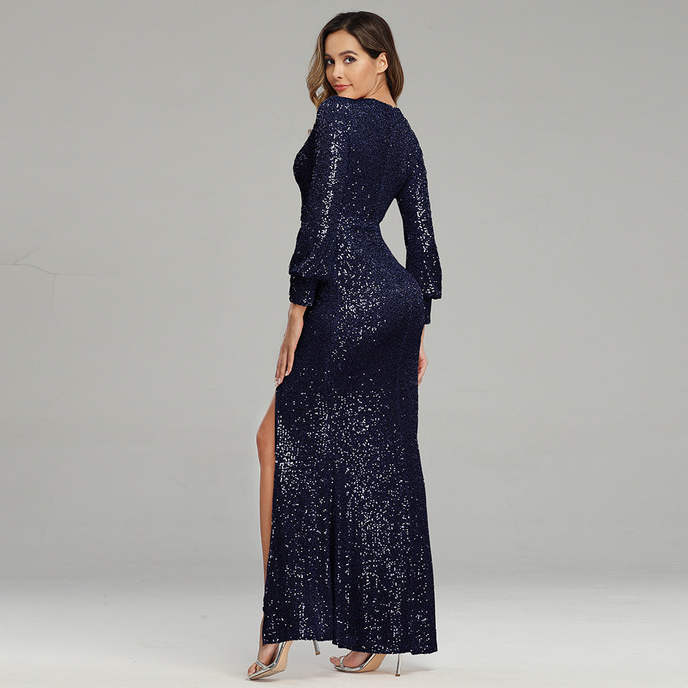 Fantasy Celebrity Sexy High Slit Long Sleeve Sequined Banquet Evening Dress Women - Glamour Gale