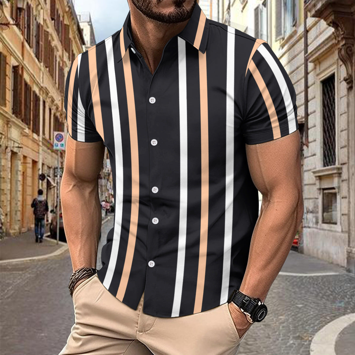 Casual Striped Printed Short Sleeve Shirt Summer Lapel Button Top Men's Clothing