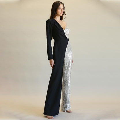 Women's Silver Stitching Sequined One-shoulder Fashionable Sequins Jumpsuit