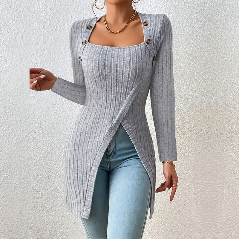 Woman Square-neck Off-shoulder Slit Sweater