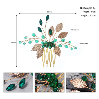 Handmade Leaf Dark Green Crystal Headdress Antique Hanfu Accessories