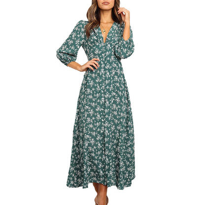 Printed V-neck long sleeve chiffon dress