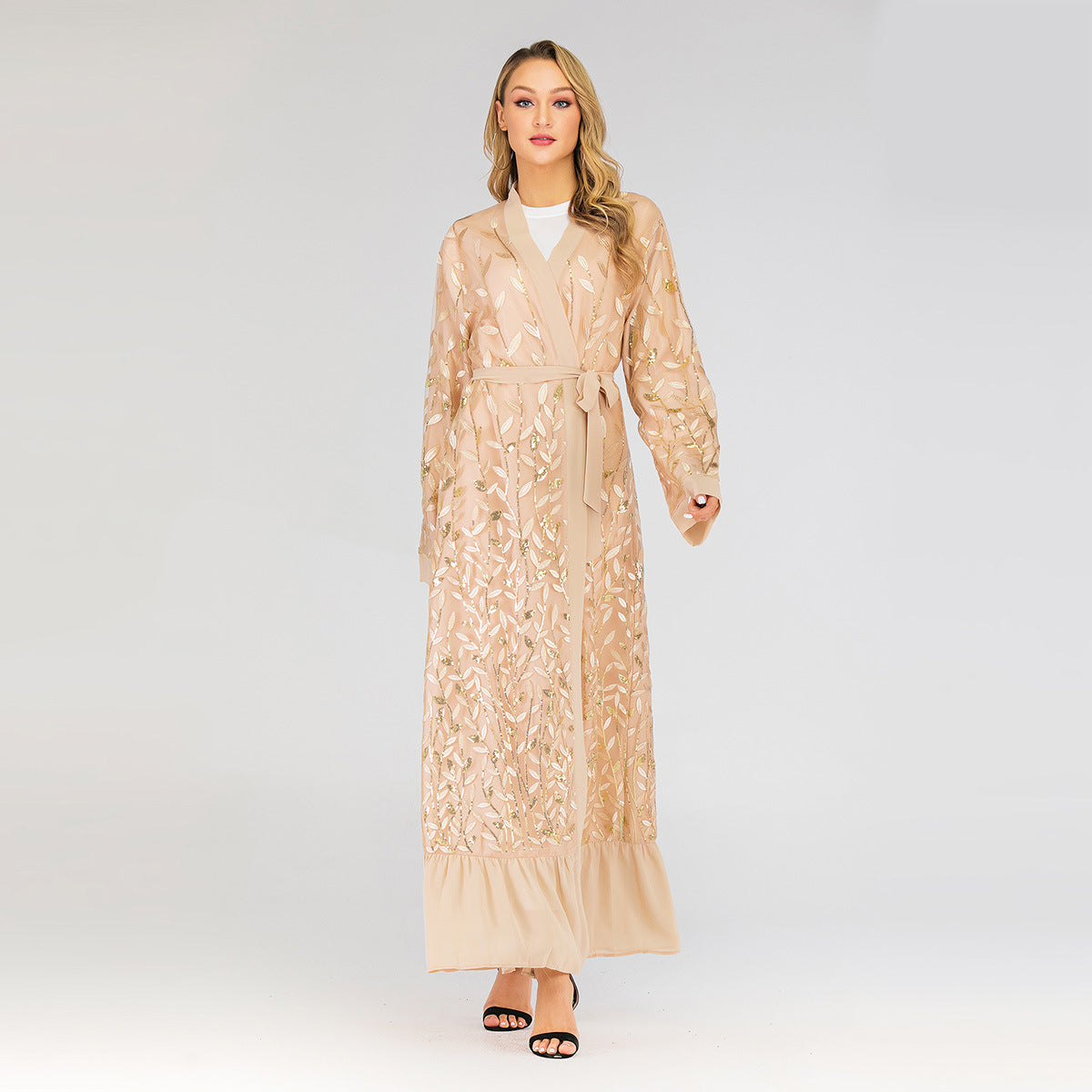 Lace Temperament Cardigan Embroidered Leaves Middle East Sequined Robe - Glamour Gale