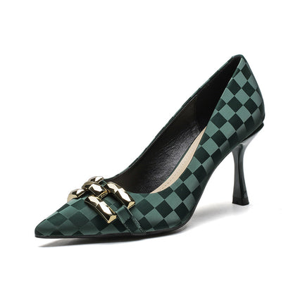 Checkerboard Plaid Green Shallow Mouth Women's Shoes