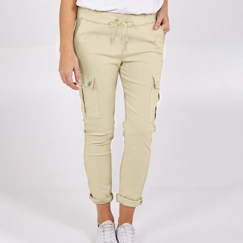 Casual Cargo Pants With Pockets Solid Color Drawstring Waist Pencil Trousers For Women