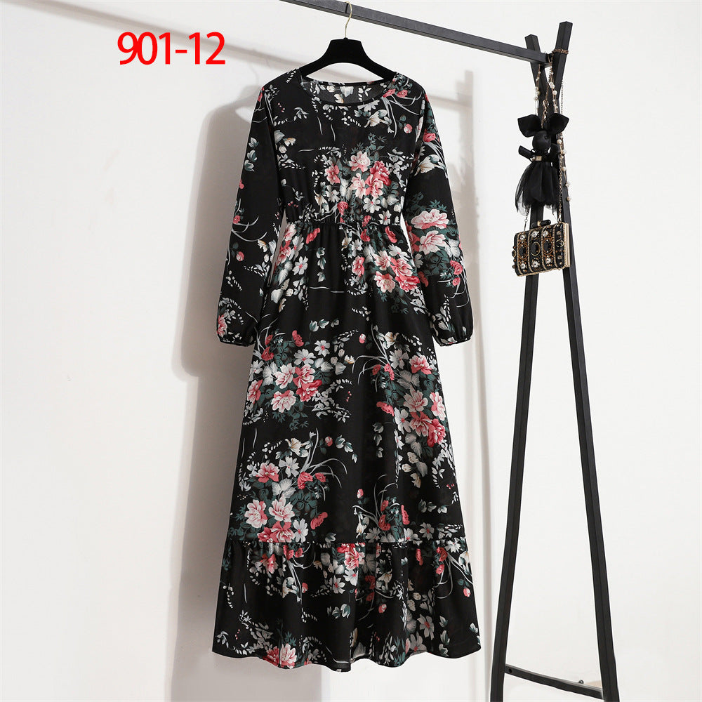 Women's Round Neck Long Sleeve Pullover Floral Dress