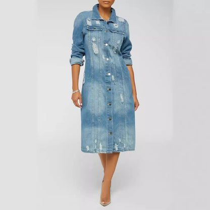 Women's Fashion Casual Denim Long Trench Coat