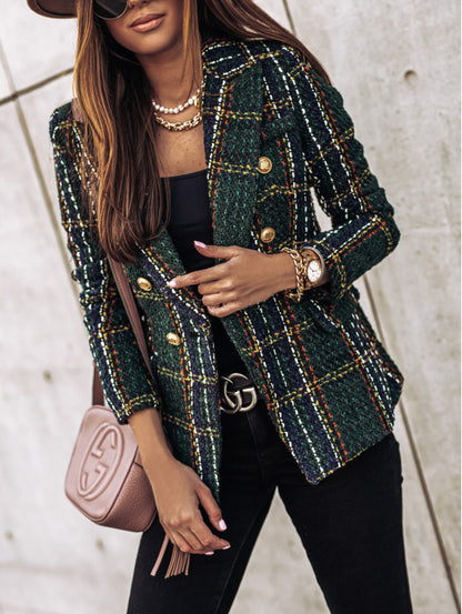 Long-sleeve Double-breasted Blazer-collar Print Jacket