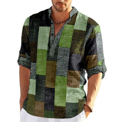 Spring And Autumn Simplicity Color Matching 3D Printed Stand Collar Men's Casual Shirt