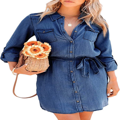 Women's Lapel Long Sleeve Lace-up Denim Dress