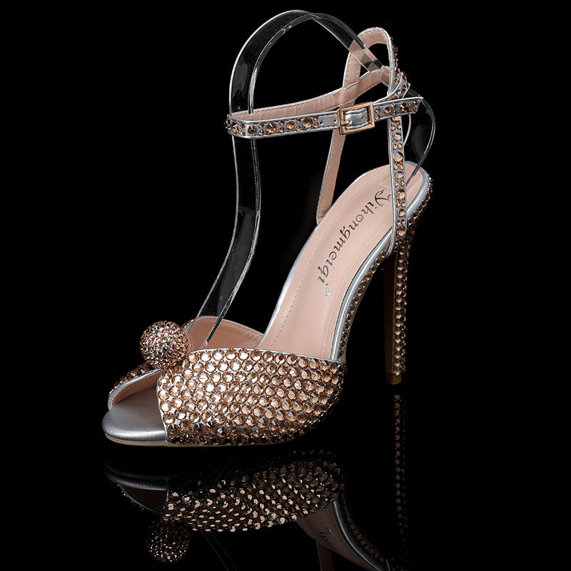 New Peep-toe Shallow Mouth Rhinestone Pearl Woman High-heeled Shoes