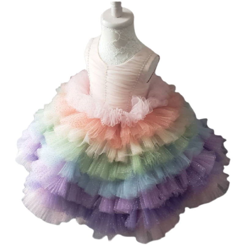 Girls Summer Rainbow Contrast Puff Dress Skirt