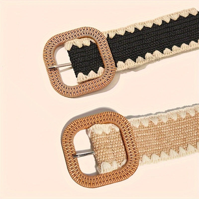 European And American Wooden Buckle Elastic Pp Grass Belt