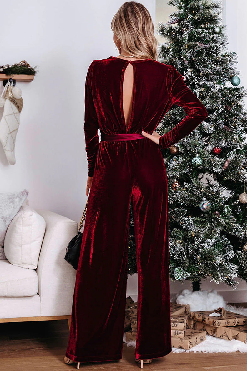 Women's Solid Color Fashion Elegant Velvet Jumpsuit