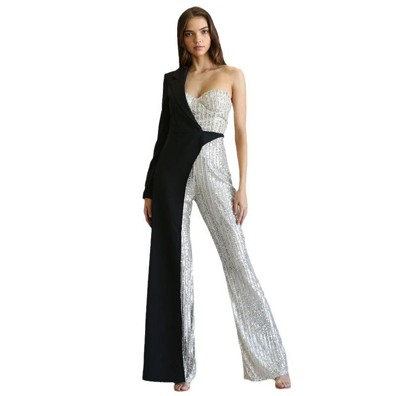 Women's Silver Stitching Sequined One-shoulder Fashionable Sequins Jumpsuit