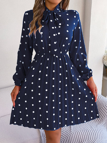 Women's Polka-dot Self-tie Waist-controlled Long Sleeves Pleated Skirt