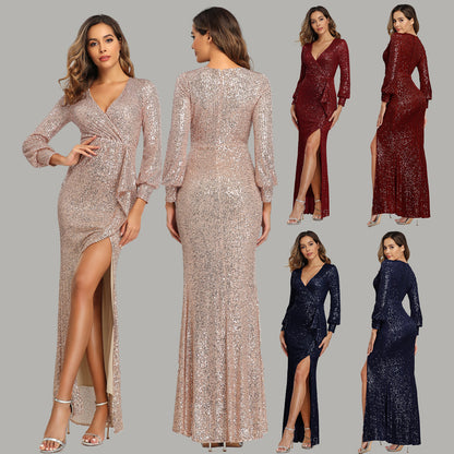 Fantasy Celebrity Sexy High Slit Long Sleeve Sequined Banquet Evening Dress Women - Glamour Gale