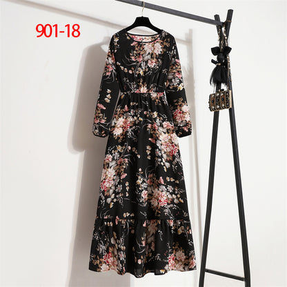 Women's Round Neck Long Sleeve Pullover Floral Dress