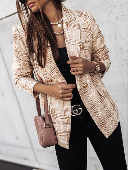 Long-sleeve Double-breasted Blazer-collar Print Jacket