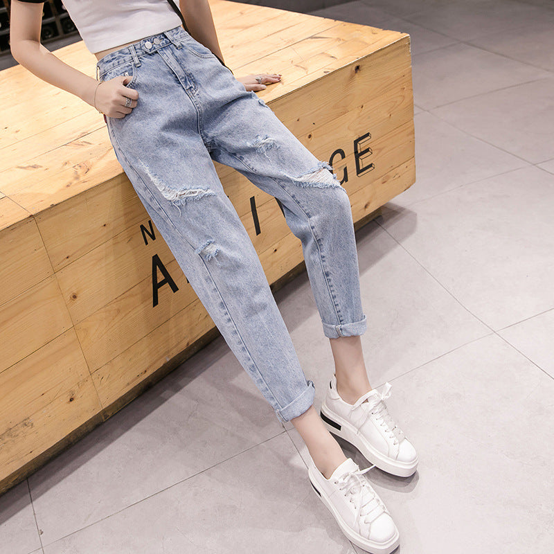 Ladies New Straight High Waist Loose Ripped Jeans