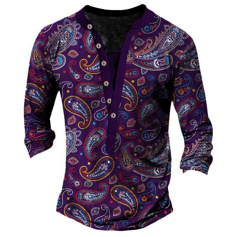 Printed Retro Fashion Casual Henry Neck Long Sleeves T-shirt