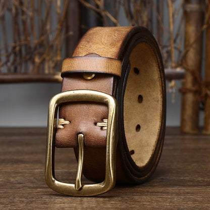 Men's Cowhide Vintage Distressed Pleated Brass Buckle Belt