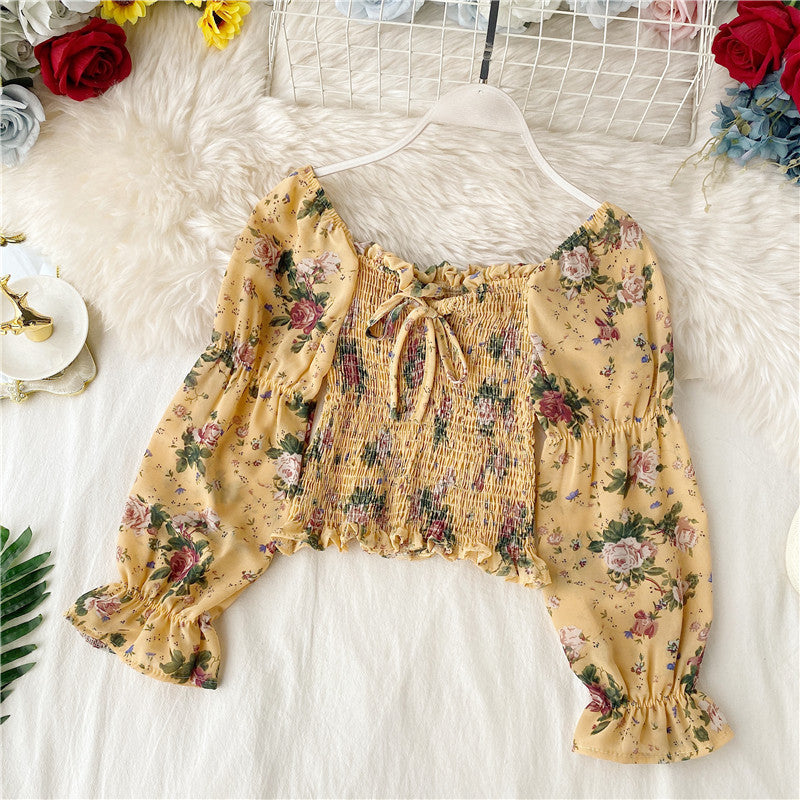 One-shoulder floral lace-up ruffled chiffon shirt