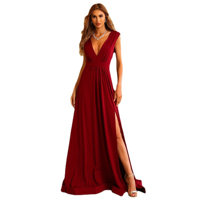 Red Deep V-neck Temperament Long Section Thin Back Toasting Service Banquet Evening Dress Women - Glamour Gale