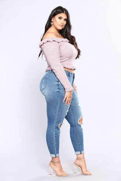 Stretch denim hole high waist ladies jeans