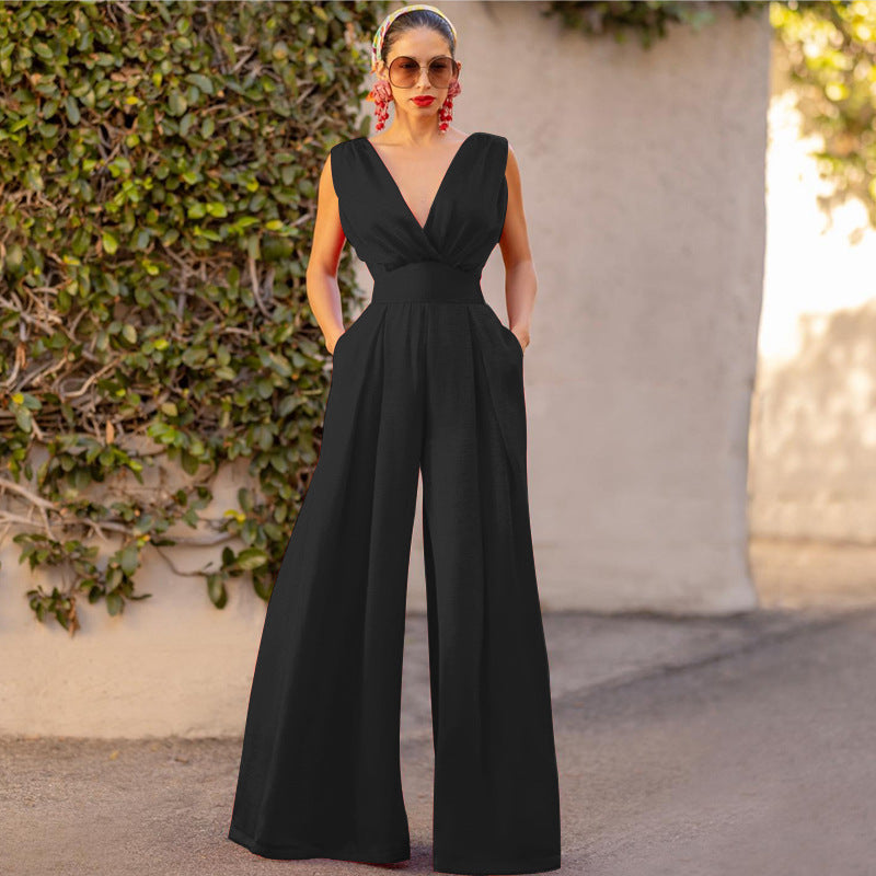 Summer New Slim Fit One-piece High Waist One-piece Straight Wide Leg Pants For Women