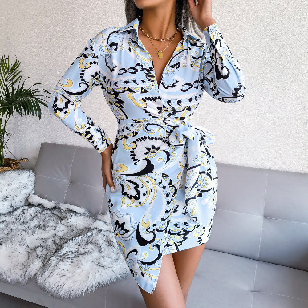 Long Sleeve Printed Casual Lace-up Shirt Dress