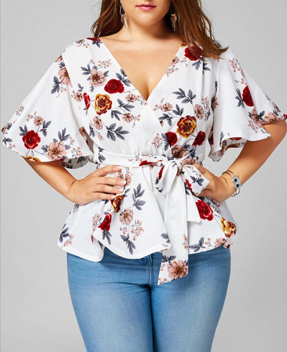 Printed Lace Up Flared Sleeve Pearl Chiffon Shirt